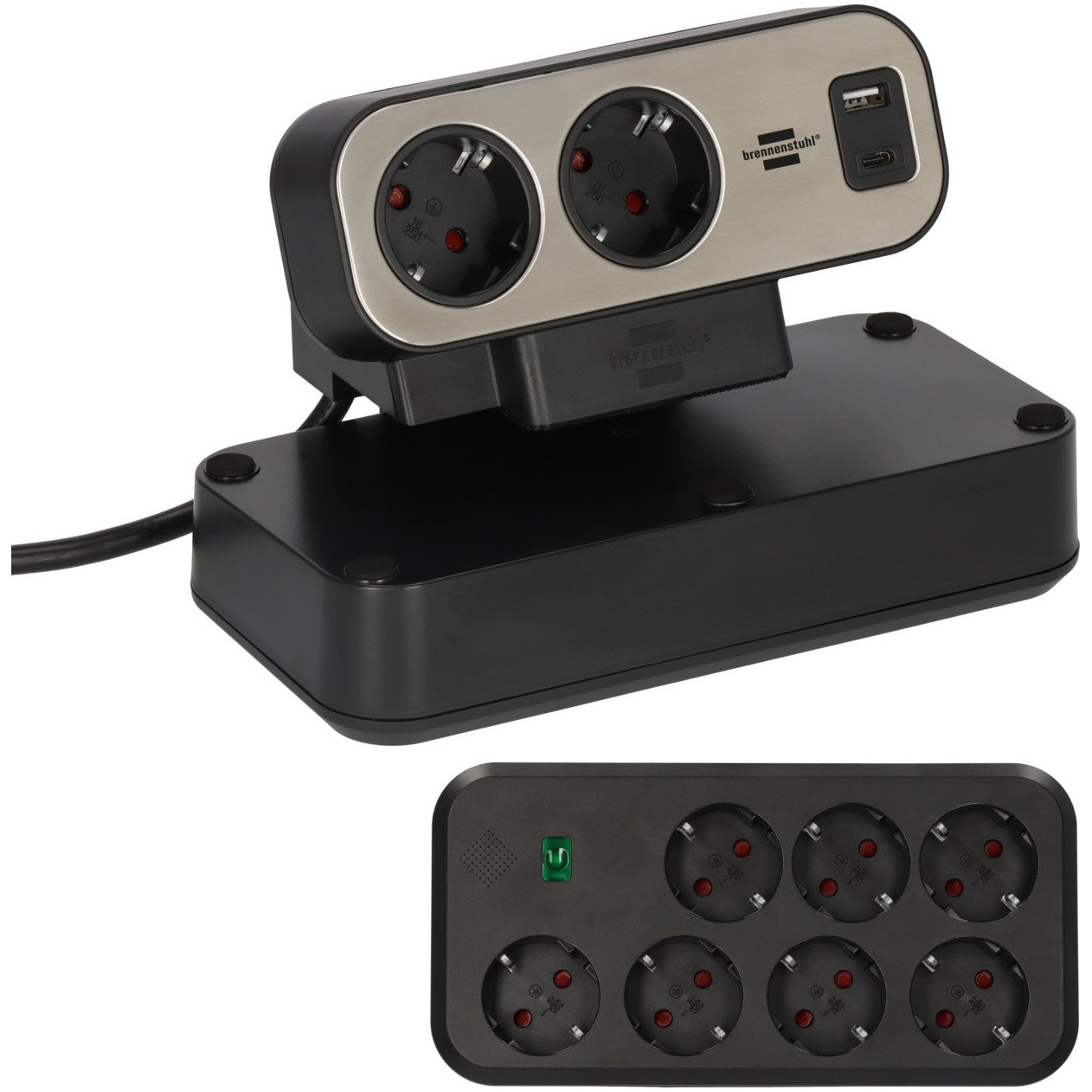 Prelungitor pentru birou Brennenstuhl estilo Duplex Desktop, 9 prize, protectie la supratensiune, intrerupator iluminat, 1 USB, 1 USB-C 30W, fixare cu surub, IP20, cablu H05VV-F 3G