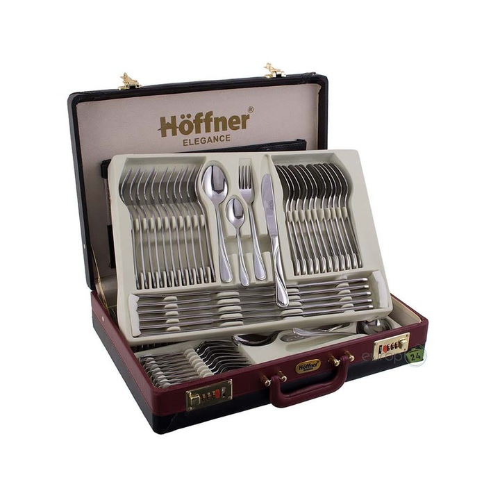 Set tacamuri in valiza, Hoffner, 72 de piese, Inox, 12 persoane, Argintiu