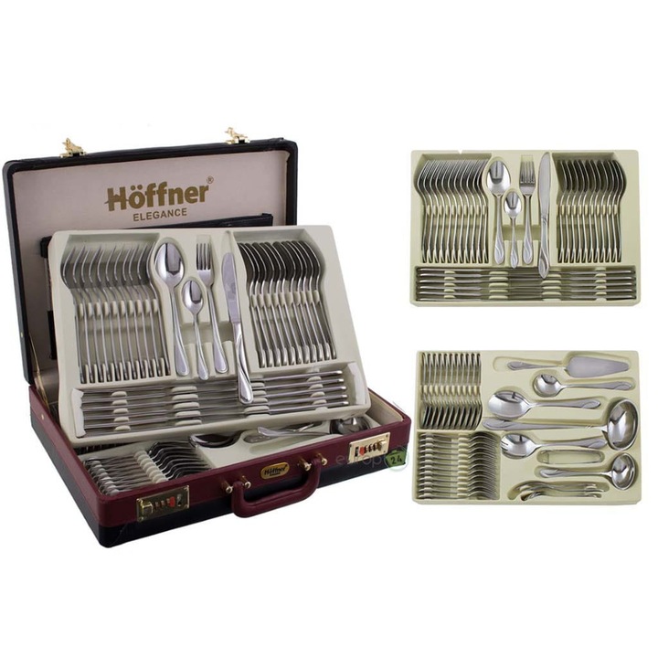 Set tacamuri in valiza, Hoffner, 72 de piese, Inox, 12 persoane, Argintiu