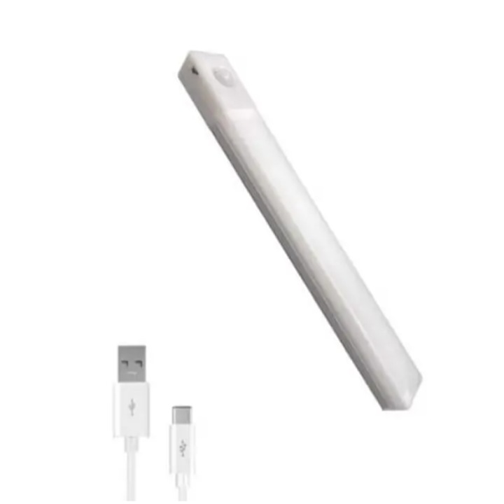 Lampa LED cu senzor de miscare, BZRSH, suport magnetic, 20 cm, 13 led-uri, 2W, cu reincarcare prin USB, lumina calda, pentru bucatarie, hol, dressing, garaj