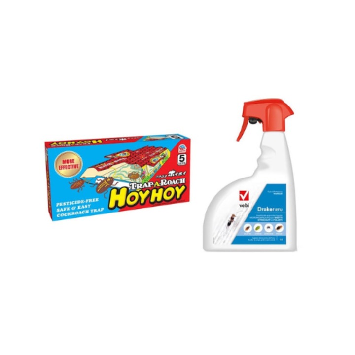 Set Capcana Trap a Roach Casuta Gandaci, Cutie cu 5 Capcane + Spray insecticid Draker RTU pentru gandaci, plosnite, capuse, tantari, muste, 1 L