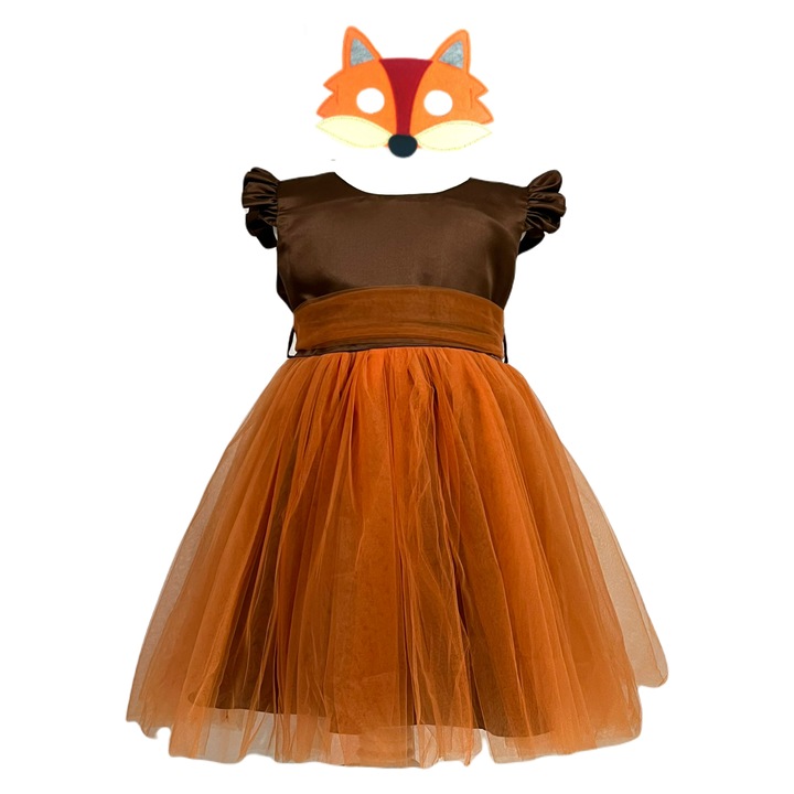 Costumatie fete Vulpe, rochie din tafta si tul, masca, 7-8 ani, portocaliu