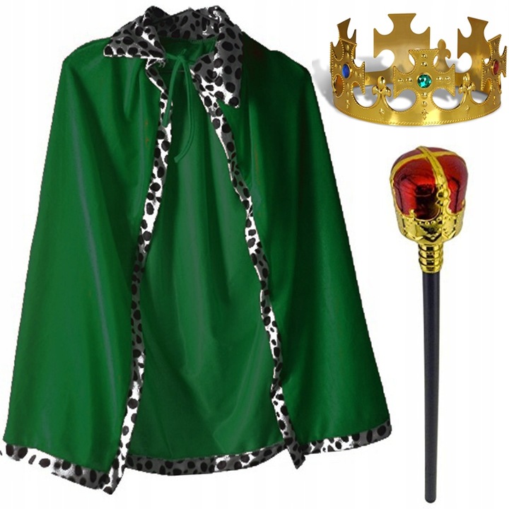 Nyomtatási ünnepi készlet, király, köpeny és korona, jogar, 6 év+, zöld