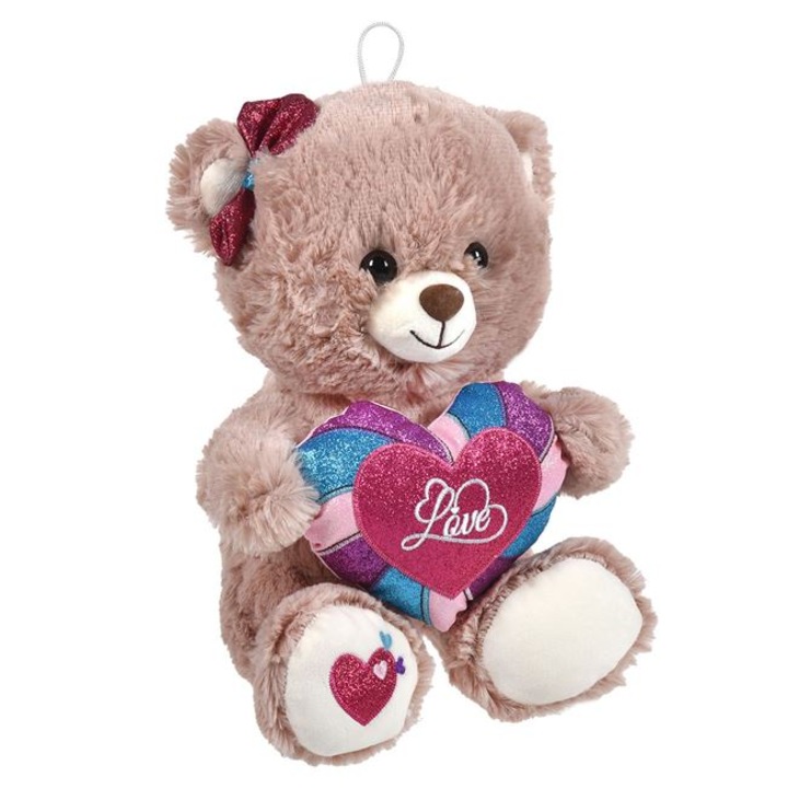 Ursulet de plus pufos VENITIVO® model Love cu inima stralucitoare si mesaj, snur pentru agatare, culoare multicolor, Lungime x Latime x Inaltime 24 x 24 x 30 cm