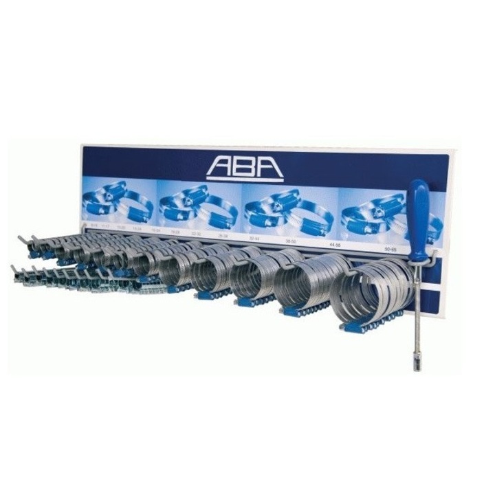 Set 244 coliere metalice pentru furtune Norma, cu stand gratuit ABA, montare pe perete, marimi diferite