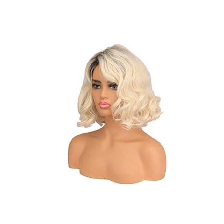 Peruca din par sintetic, Parul Ondulat, Bob, Pe Grila, 40 cm, Blond