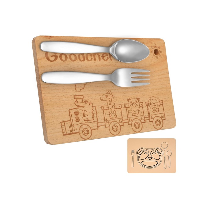 Rozsdamentes gyerek evőeszköz készlet, szilikon tányértartóval asztalterítéshez és gravírozott fa aprítóval, Világosbarna
