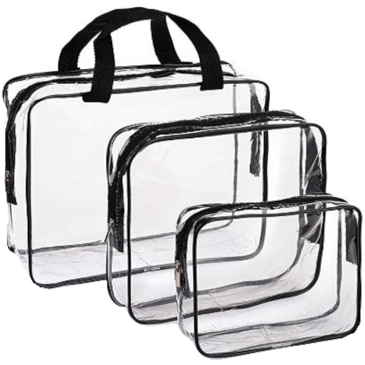 Set 3 Genti Cosmetice, Oem, Polipropilena, Transparent/negru, Material De Inalta Calitate, Greutate Redusa, Potrivit Pentru Toate Varstele