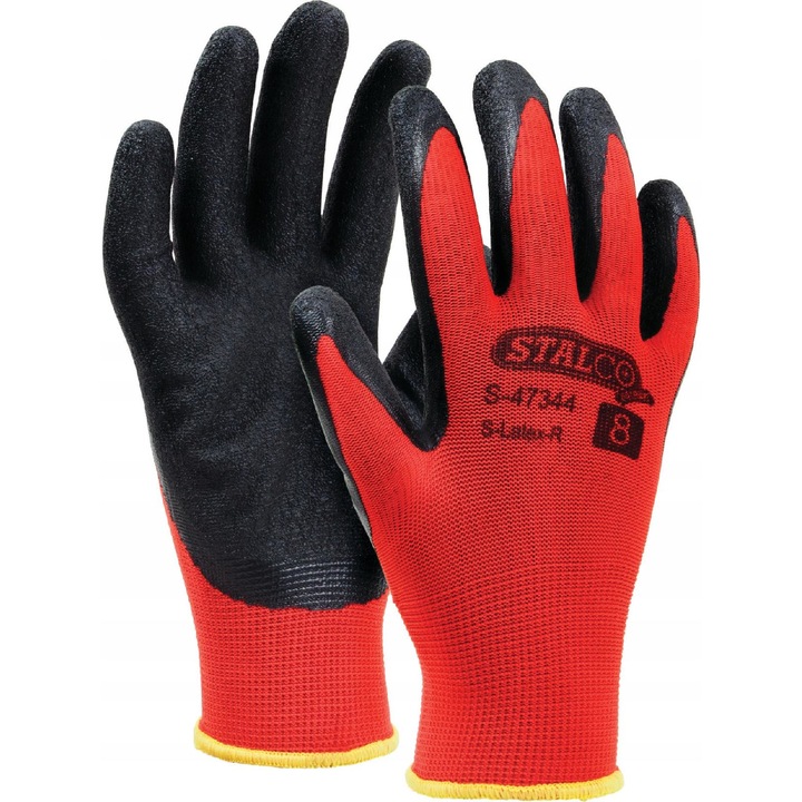 Munkakesztyű, Stalco, R-Eco, 100% Poliészter, Latex borítással, Pórusos szerkezet, Növelt ellenállás a súrlódás és a szakadás ellen, Rugalmas befejezés, Barna szín