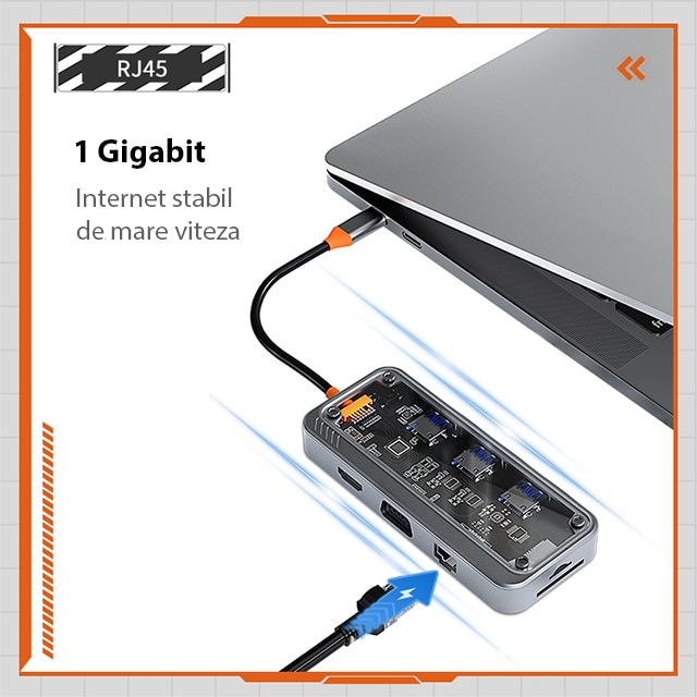 Хъб 10 в 1 с щепсел Type-C, прозрачен, 3 x USB 3.0, SD/TF, 1 x Gigabit ...