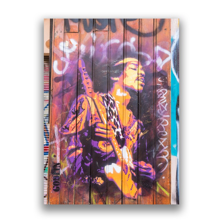 Първокласна картина на платно, LuxCanva® C1065, Джими Хендрикс, 95 X 130 CM, 100% памучно платно 400g/m2, Дървена рамка, Художник, Китара, Музикант, Всекидневна, Офис, Релаксация, Живи цветове