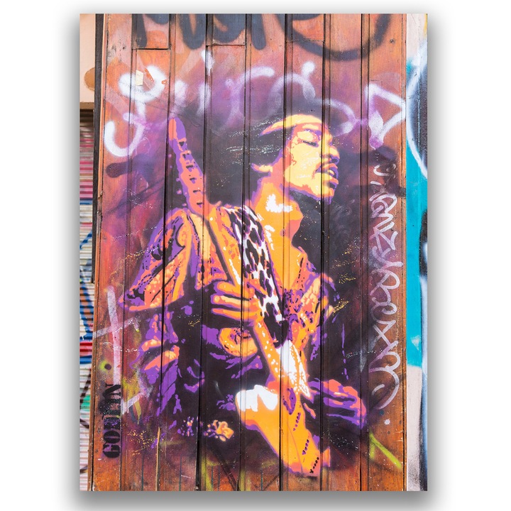 Prémium vászonkép, LuxCanva® C1065, Jimi Hendrix, 80 X 110 CM, 100% pamutvászon 400 g/m2, fakeret, művész, gitár, zenész, nappali, iroda, pihenés, élénk színek