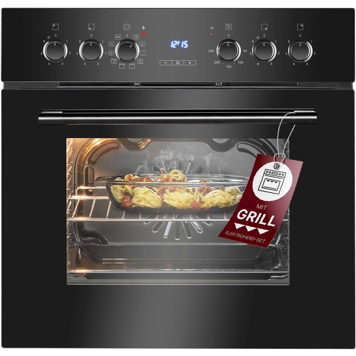 Set cuptor si plita vitroceramica incorporabile Bomann, latime 60 cm, capacitate 56 l, 4 zone gatire, consum redus, clasa energetica A, comutatoare rotative, temperatura reglabila 50°C-250°C, cuptor cu convectie, grill, functie decongelare, negru