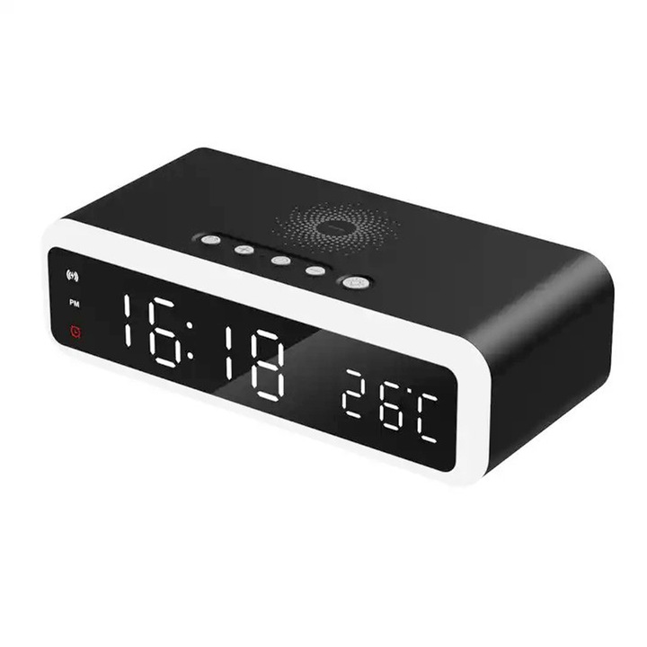 Цифров будилник Brius X7, околна светлина, LED дисплей, безжично зареждане, бързо зареждане 5W, термометър/температура, съвместим с телефони iPhone iOS и Android, черен