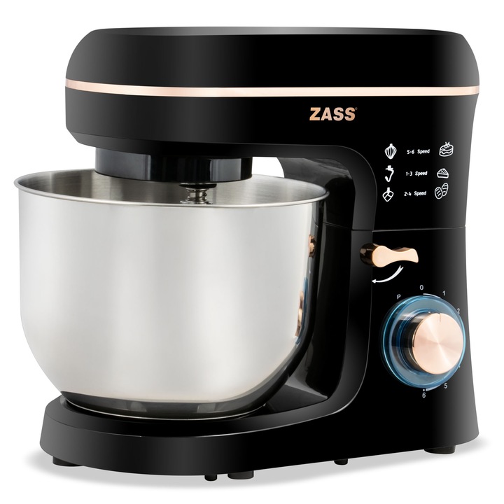 Mixer planetar Zass ZPSM 20 Rose Gold, 1400 W, Bol inox 5 L, 6 Viteze, Functie Pulse, Negru