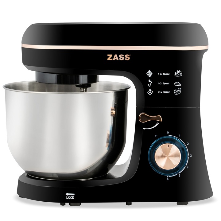 Mixer planetar Zass ZPSM 20 Rose Gold, 1400 W, Bol inox 6 L, 6 Viteze, Functie Pulse, Negru