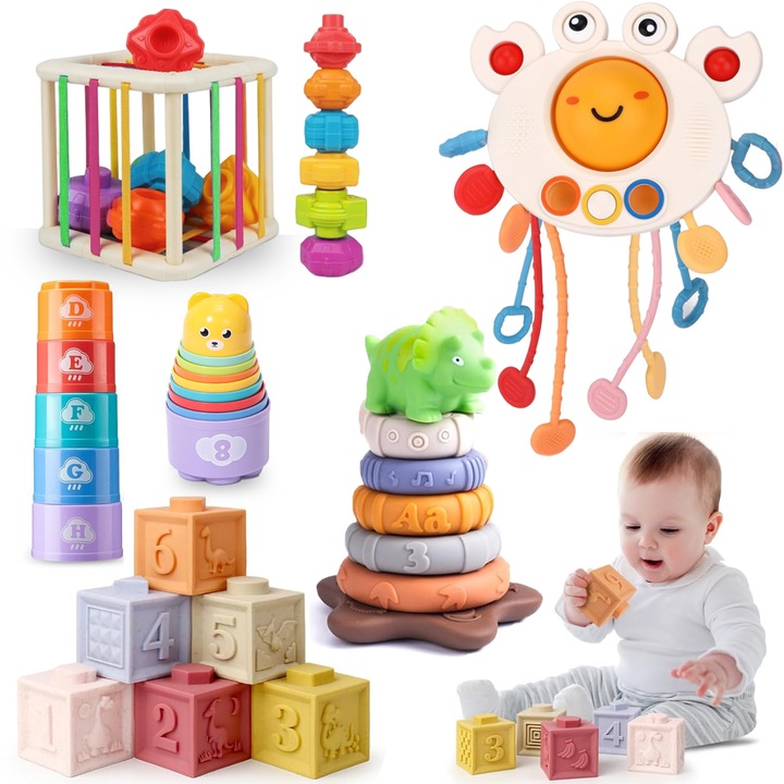 Jucarie Interactiva pentru Bebelusi, Educationala, BYONDSELF®, Montessori, din Silicon, Sigure pentru a fi Rontaite, pentru Baieti Fete, 6-12 luni, Multicolor