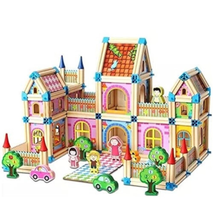 Toyful Little Arhitect Építőkészlet, ház, természetes fa, 268 darab, gyerekeknek, oktató és kreatív, többszínű