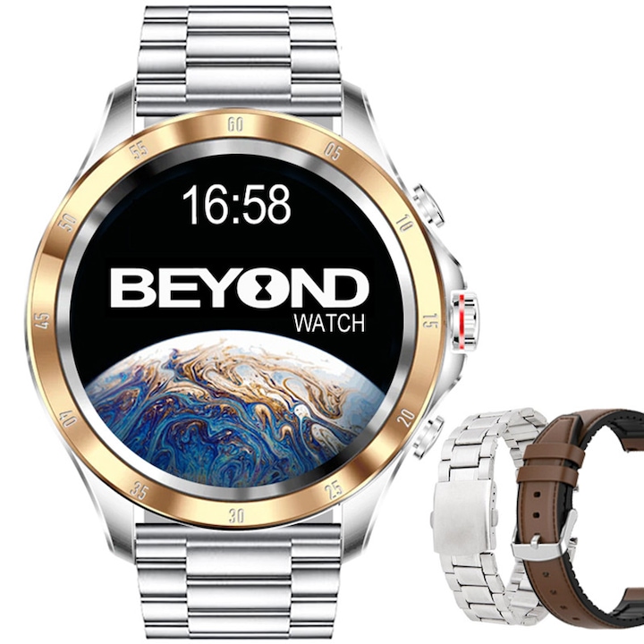 Ceas Smartwatch BEYOND Watch Earth 2 Series, Silver-Gold, notificari, apel Bluetooth, sport, microfon HD, limba romana, 2 curele incluse