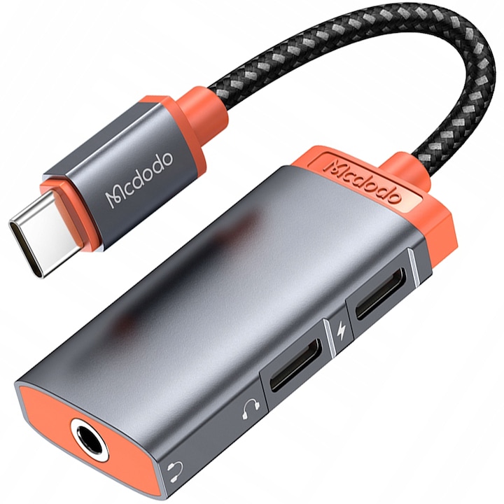 Adaptor Mcdodo 2 in 1, USB-C - 1 x Mini Jack 3, 5mm cu DAC + 2x USB-C, incarcare rapida 60W, gri