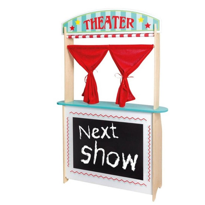 Jucarie de lemn, Joueco, in lemn certificat FSC, 2 in 1, Teatru si magazin, Cu accesorii, 110 x 68.5 x 23 cm, 3 ani+, Multicolor