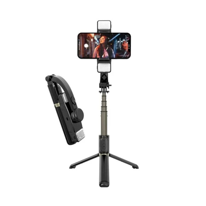 Selfie stick cu tripod si 2 LED-uri detasabile, telecomanda Bluetooth, 75cm lungime, Negru