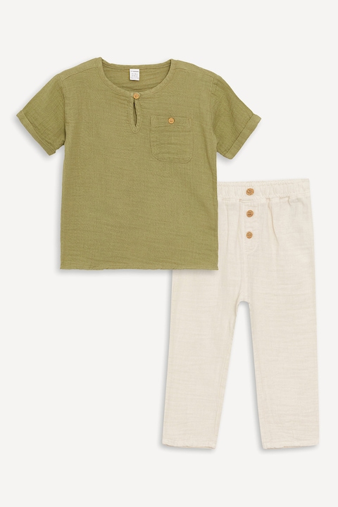 LC WAIKIKI, Set de tricou cu decolteu la baza gatului si pantaloni, Verde masliniu/Crem