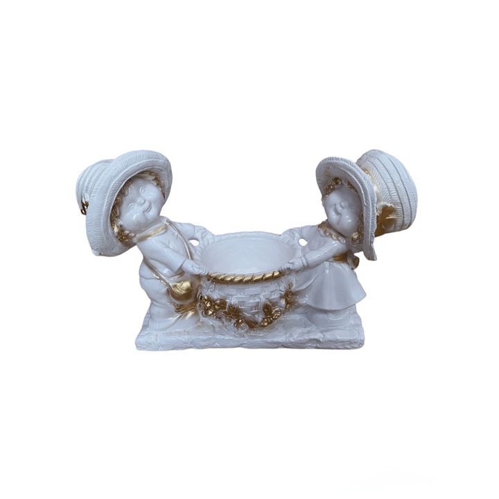 Statueta copii cu cos, alb aur, h23 cm