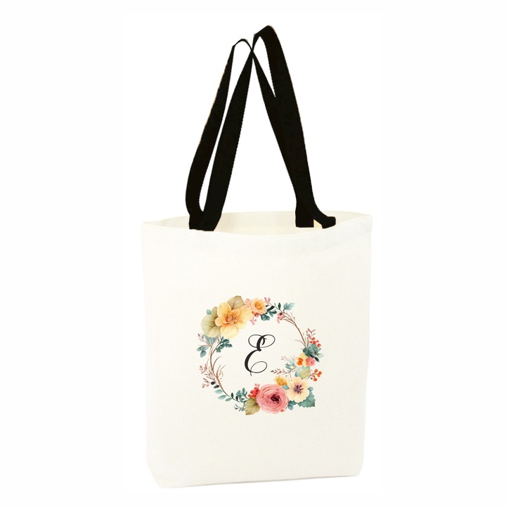 Sacosa cumparaturi canvas alba, maner negru, Colectia Flori-Alfabet, litera E, 34.5 x 38 cm