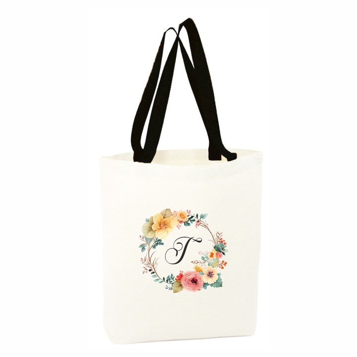 Sacosa cumparaturi canvas alba, maner negru, Colectia Flori-Alfabet, litera T, 34.5 x 38