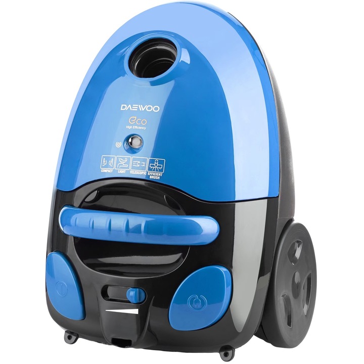 Прахосмукачка Daewoo с хартиена торба RC-230B-3, 700 W, капацитет на торбата 2 литра, променлив контрол на мощността, телескопична тръба, въртящ се маркуч на 360 градуса, син