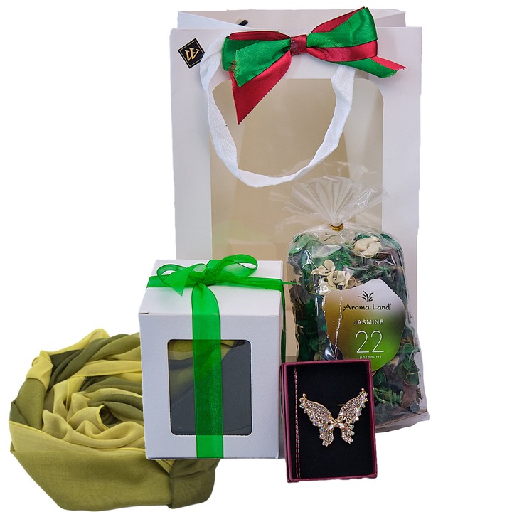 Pachet Special Spring, cu esarfa, brosa si flori uscate parfumate, ambalate in cutie eleganta, Verde, VELVE