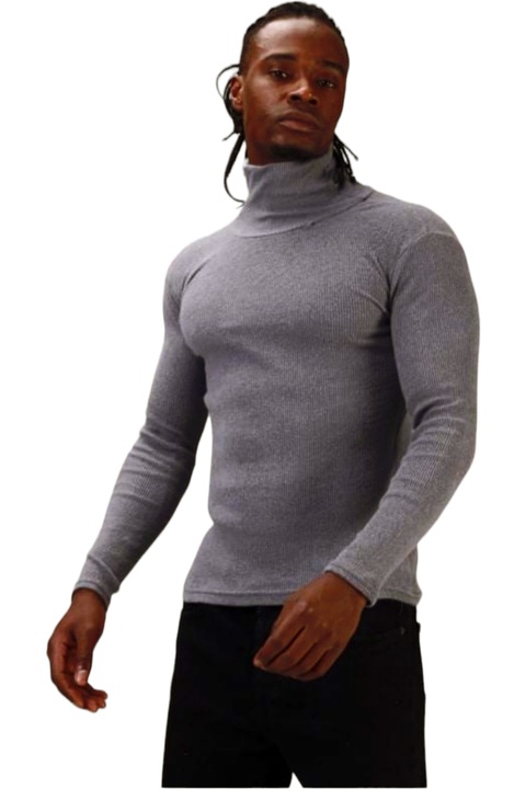 Bluza barbati, StarFashion, tip maleta, cu guler inalt, pe gat, Gri