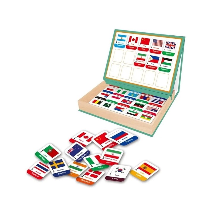 Joc educativ, Puzzle magnetic, Steagurile lumii, 45 piese, multicolor, lemn