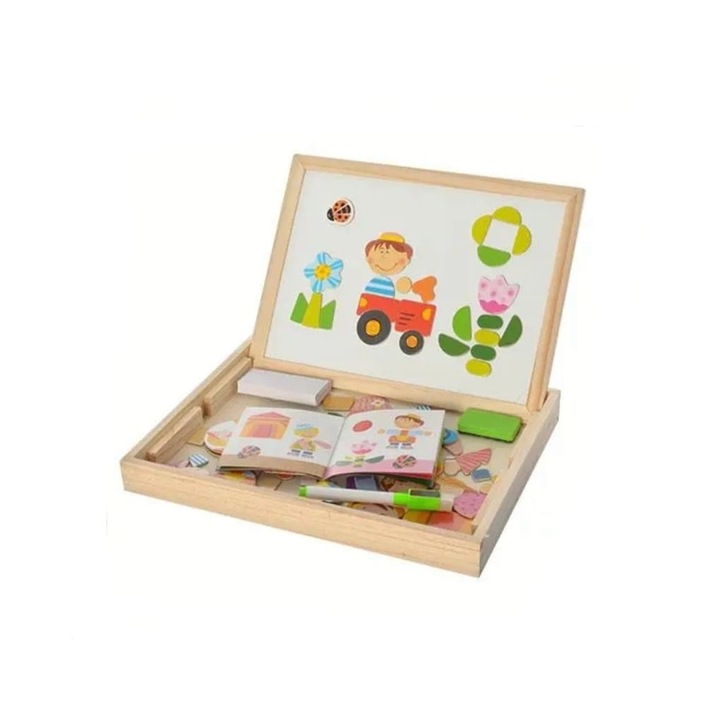 Puzzle magnetic si tabla, Masinute, lemn, multicolor