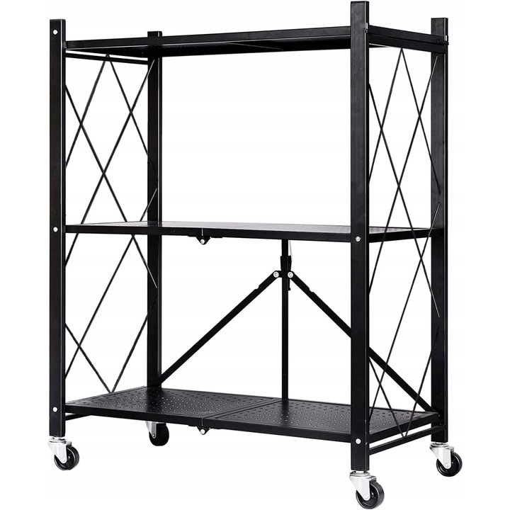 Етажерка с 3 рафта, Мобилен, Съхранение, Кухня, Сгъваем, На колелца, Таван, Rg28, Черен