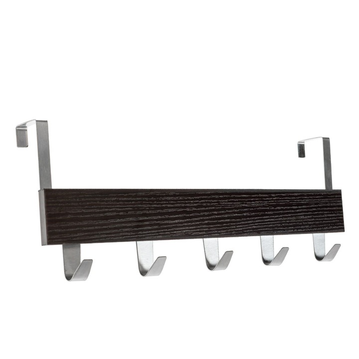 Shopiens Ajtóakasztó 5 db fa és fém kampóval, barna, 38x7x16 cm