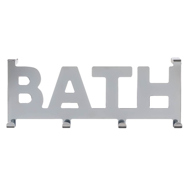 Shopiens BATH fém ajtóakasztó 4 darab ezüst kampóval, 32x4,5x11,5 cm