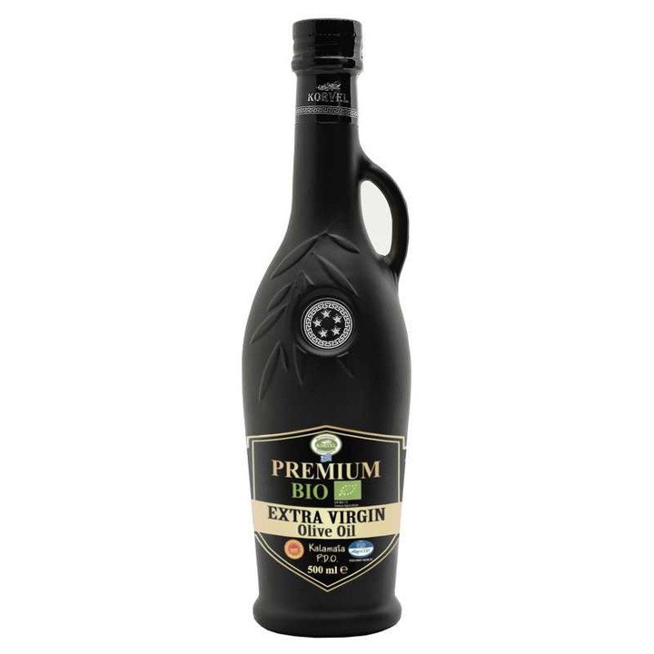 Ulei de masline extravirgin organic Premium DOP Kalamata, KORVEL, amfora neagra, 500 ml
