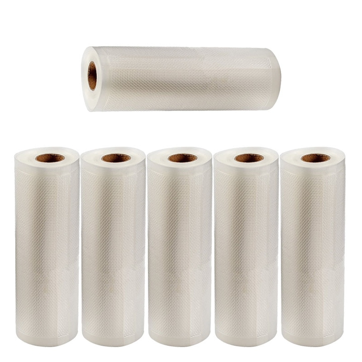 Set 6 role pungi universale pentru vidat si sigilat alimente, NEXTLY, gofrate, lavabile, conservare optima, fructe, legume, carne, mancare, compatibilitate universala, rezistenta la inghet si caldura, 500x17 cm