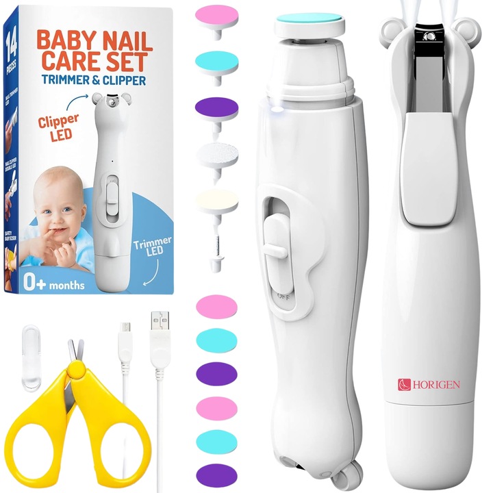 Pila Electrica Unghii Bebelusi si Clestisor Horigen® Easy Momy, Lumina la Ambele Capete, Acumulator, 5 Tipuri Discuri Plus Rezerve, Forfecuta, Silentios, 2 Viteze si 2 Sensuri Rotatie, 8.000 Rotatii, Alb