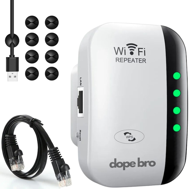 Безжичен мрежов усилвател на сигнала на DopeBro, WiFi ретранслатор 300Mbps, 802.11n bg, 2.4GHz WLAN, WPS функция с LAN порт, интегрирани антени, черно-бели, идеални за дома и градината, кабелен органайзер и мрежов кабел включени