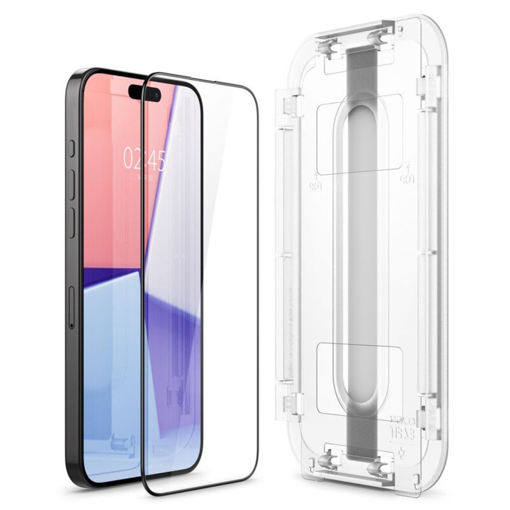 Folie de protectie Privacy compatibila cu Apple iPhone 15 Pro Max, Glas.tr EZ-Fit, cu dispozitiv montare, set 2 piese, sticla securizata, Negru-Transparent