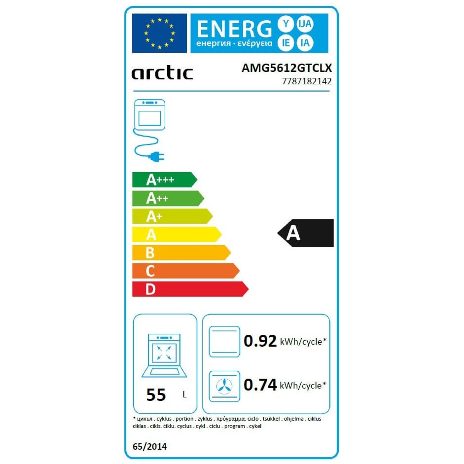 Aragaz Arctic AMG5612GTCLX, Mixt , 4 arzatoare cu eficienta ridicata, Cuptor Electric, 8 Functii, Autocuratate Catalitica, Aqua Drop Clean, Timer, Safty Plus, Clasa A, 50 cm, Inox
