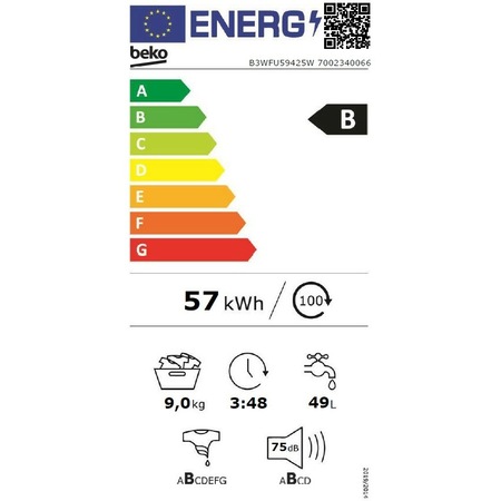 Masina de spalat rufe Slim Beko B3WFU59425W, 9 kg, 1400 RPM, Clasa A, HomeWhiz prin Bluetooth Remote Control, SteamCure, AddXtra, Motor ProSmart Inverter, AddXtra, AutoClean Detergent Drawer, Silent Tech, Alb