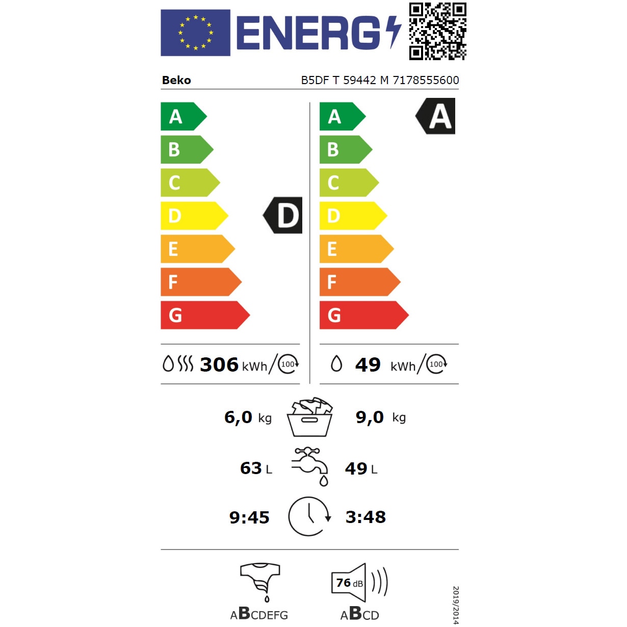 Masina de spalat rufe cu uscator Beko B5DFT59442M, Spalare 9 kg, Uscare 6 kg, 1400 RPM, Clasa A, HygieneTherapy, SteamCure, HomeWhiz, ProSmart Inverter Motor, AddXtra, Gri