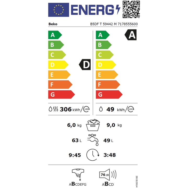 Masina de spalat rufe cu uscator Beko B5DFT59442M, Spalare 9 kg, Uscare 6 kg, 1400 RPM, Clasa A, HygieneTherapy, SteamCure, HomeWhiz, ProSmart Inverter Motor, AddXtra, Gri