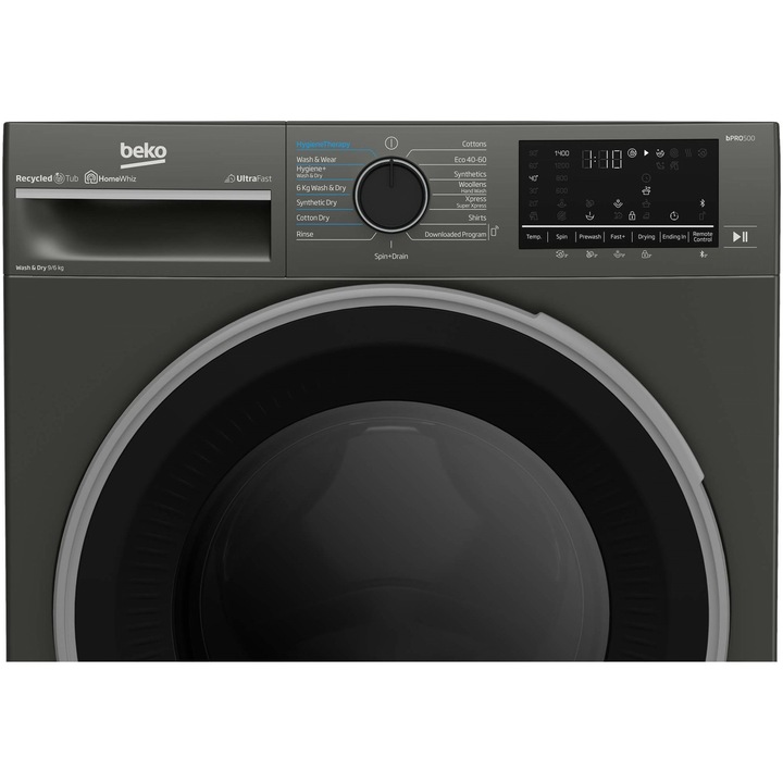 Masina de spalat rufe cu uscator Beko B5DFT59442M, Spalare 9 kg, Uscare 6 kg, 1400 RPM, Clasa A, HygieneTherapy, SteamCure, HomeWhiz, ProSmart Inverter Motor, AddXtra, Gri