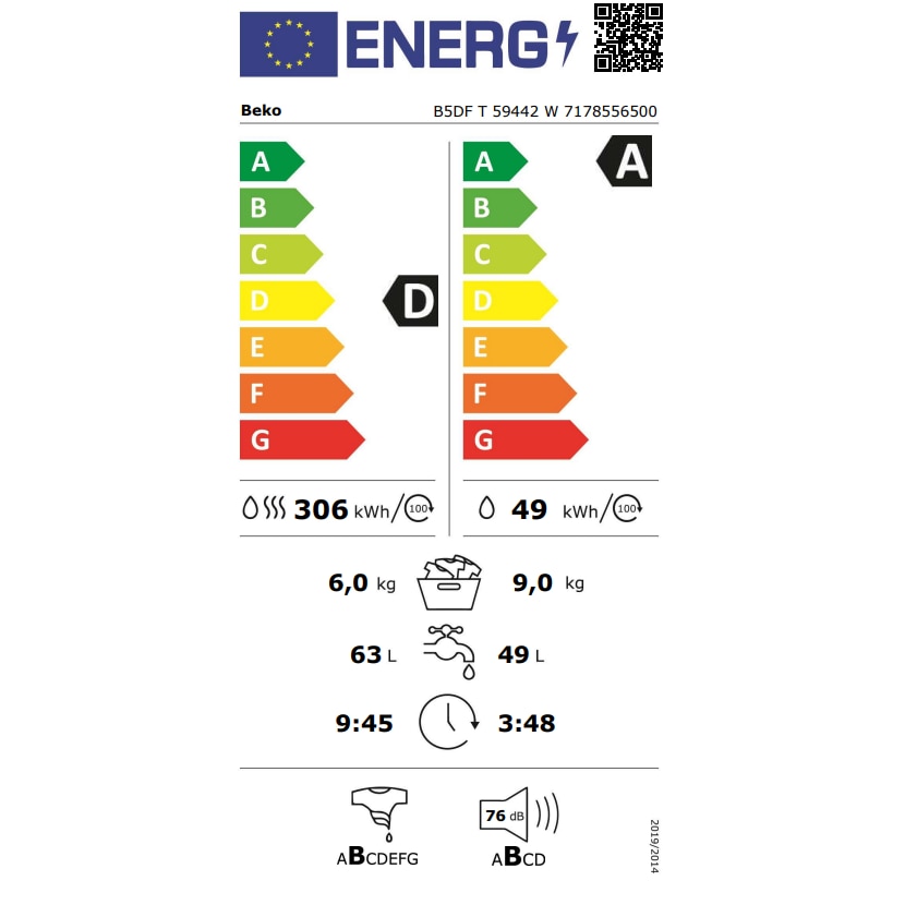 Masina de spalat rufe cu uscator Beko B5DFT59442W, Spalare 9 kg, Uscare 6 kg, 1400 RPM, Clasa A, HygieneTherapy, SteamCure, HomeWhiz, ProSmart Inverter Motor, AddXtra, Alb