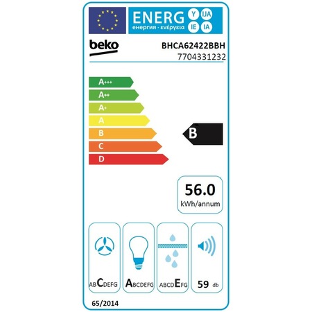 Hota incorporabila decorativa Beko BHCA62422BBH, Putere de absorbtie 400 mc/h, Afisaj electronic, Iluminare LED , Touch Control, 59.5 cm, Negru Sticla